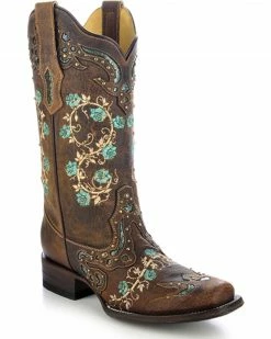 Corral Women's Studded Floral Embroidery Cowgirl Boots - Square Toe