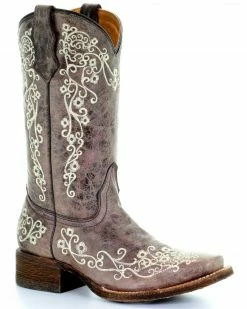 Corral Kids' Embroidered Square Toe Western Boots For Girls' Brown