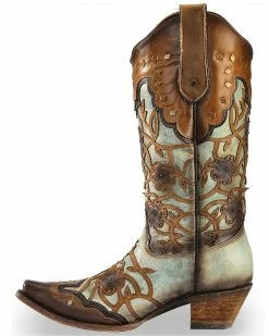 Corral Women's Floral Overlay And Studs Snip Toe Western Boots Brown -Corral Boots Shop 2000214119 200 LT