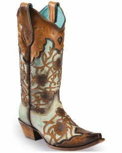 Corral Women's Floral Overlay And Studs Snip Toe Western Boots Brown