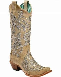 Corral Women's Bone Glitter Overlay Embroidery & Crystals Cowgirl Boots - Snip Toe Natural