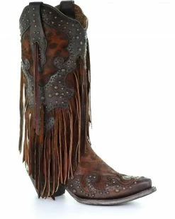 Corral Women's Leopard Stud & Fringe Cowgirl Boots - Snip Toe Honey