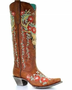 Corral Women's Deer Skull & Floral Embroidery Cowgirl Boots - Snip Toe Tan