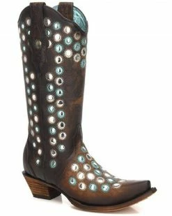 Corral Women's Brown Studded Embroidered Cowgirl Boots - Snip Toe