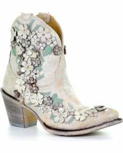 Corral Women's White Floral Overlay Booties - Round Toe 