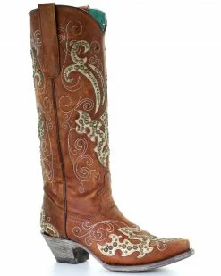 Corral Women's Brown Studded Overlay Western Boots - Snip Toe