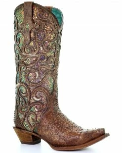Corral Women's Cognac Glitter Inlay Western Boots - Snip Toe