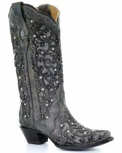 Corral Women's Grey Inlay Flower Embroidery Western Boots - Snip Toe