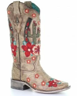 Corral Women's Cactus Floral Embroidery Overlay Western Boots - Narrow Square Toe Taupe -Corral Boots Shop 2000282865 251 P1 1