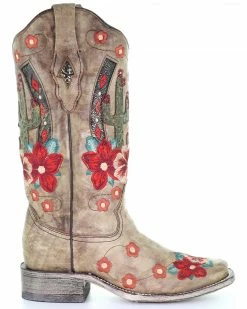 Corral Women's Cactus Floral Embroidery Overlay Western Boots - Narrow Square Toe Taupe -Corral Boots Shop 2000282865 251 P2
