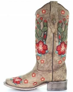 Corral Women's Cactus Floral Embroidery Overlay Western Boots - Narrow Square Toe Taupe -Corral Boots Shop 2000282865 251 P3