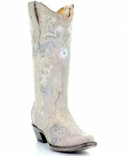 Corral Women's White Floral Embroidered Western Boots - Snip Toe