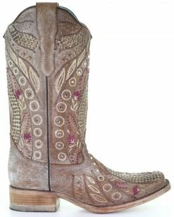 Corral Women's Taupe Flowered Embroidery Western Boots - Square Toe -Corral Boots Shop 2000288146 251 P2