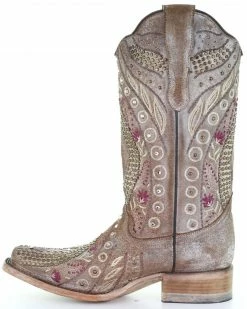 Corral Women's Taupe Flowered Embroidery Western Boots - Square Toe -Corral Boots Shop 2000288146 251 P3