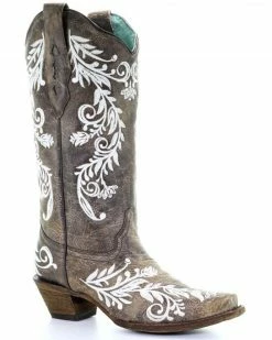 Corral Women's Glow White Embroidered Western Boots - Snip Toe Brown