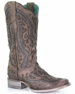 Corral Women's Brown Inlay & Flower Embroidery Western Boots - Square Toe