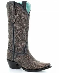 Corral Women's Black Hand Tooled Western Boots - Snip Toe