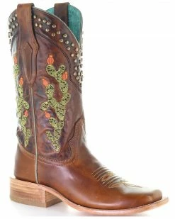 Corral Women's Brown Embroidery & Studs Western Boots - Square Toe