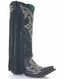 Corral Women's Embroidery & Studs Fringe Top Western Boots - Snip Toe Black