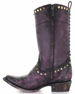 Corral Women's Distressed Wine Zipper & Studs Western Boots - Round Toe -Corral Boots Shop 2000333244 646 P3