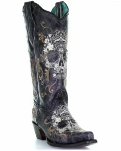 Corral Women's Floral Skull Embroidery & Studs Cowgirl Boots - Snip Toe Black
