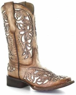 Corral Girls' Beige Shiny Inlay Western Boots - Wide Square Toe Tan -Corral Boots Shop 2000345519 280 P1 1