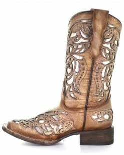 Corral Girls' Beige Shiny Inlay Western Boots - Wide Square Toe Tan -Corral Boots Shop 2000345519 280 P3