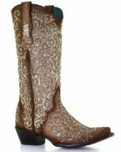 Corral Women's Bone Lamb Glitter Overlay & Embroidery Cowgirl Boots - Snip Toe Natural