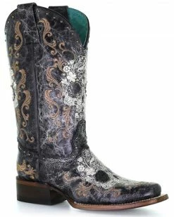 Corral Women's Floral Skull Embroidery & Studs Western Boots - Square Toe Black/white