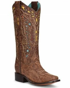 Corral Women's Studded Inlay & Embroidery Western Boots - Square Toe Brown