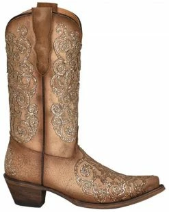 Corral Girls' Tan Glitter Embroidery Leather Western Boot - Snip Toe -Corral Boots Shop 2000361090 280 P2