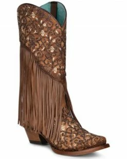 Corral Women's Honey Lamb Overlay Embroidered & Fringe Western Tall Boot - Snip Toe