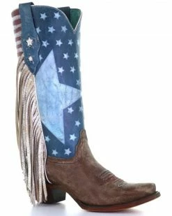 Corral Women's Boot Barn Exclusive Stars & Stripes Fringe Tall Western Boots - Snip Toe Brown/blue