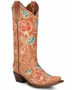 Corral Women's Embroidered Floral Western Boots - Snip Toe Cognac