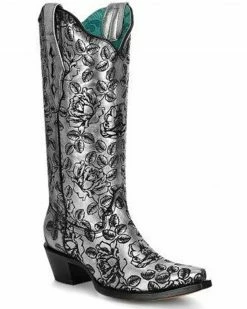 Corral Women's Floral Laser Print Western Boots - Snip Toe Silver