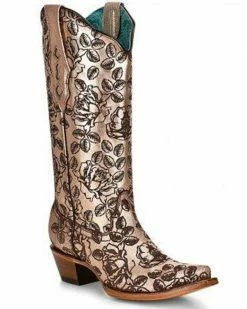 Corral Women's Laser Floral Western Boots- Snip Toe Gold