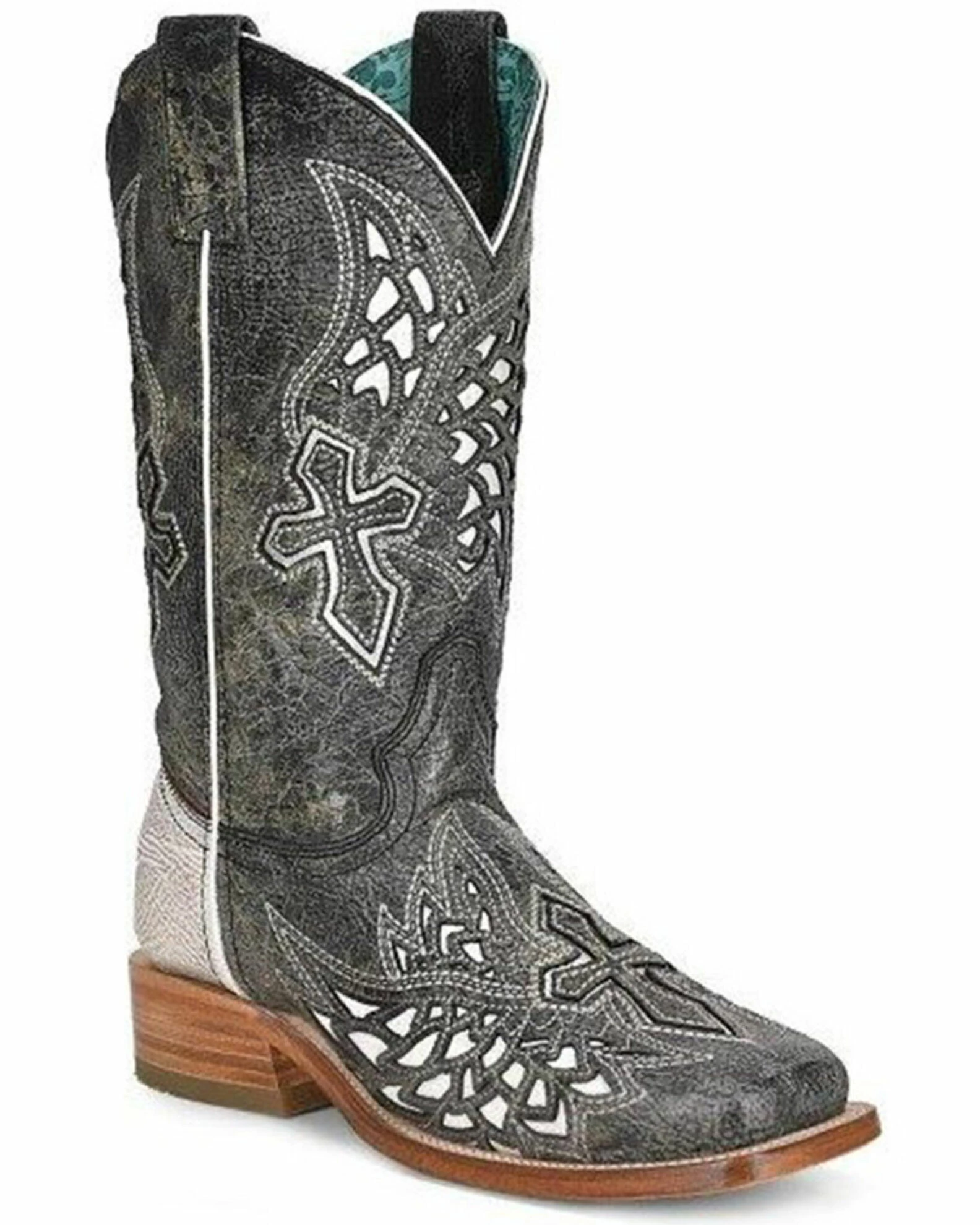 Corral Women's Black Inlay Western Boots - Broad Square Toe Black/white 3 Corral Women's Black Inlay Western Boots - Broad Square Toe Black/white